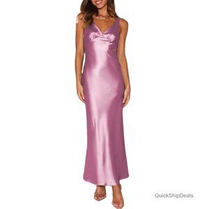 Satin V-Neck Backless Maxi Dress Formal Cocktail Wedding Guest